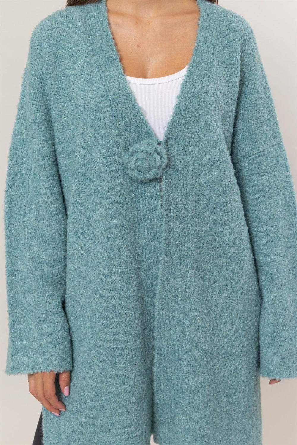 HYFVE Front Rosette Longline Slit Sweater Cardigan - Trendsi - Flyclothing LLC