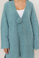 HYFVE Front Rosette Longline Slit Sweater Cardigan - Trendsi - Flyclothing LLC