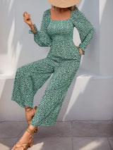 Perfee Smocked Printed Long Sleeve Wide Leg Jumpsuit - Trendsi - Flyclothing LLC
