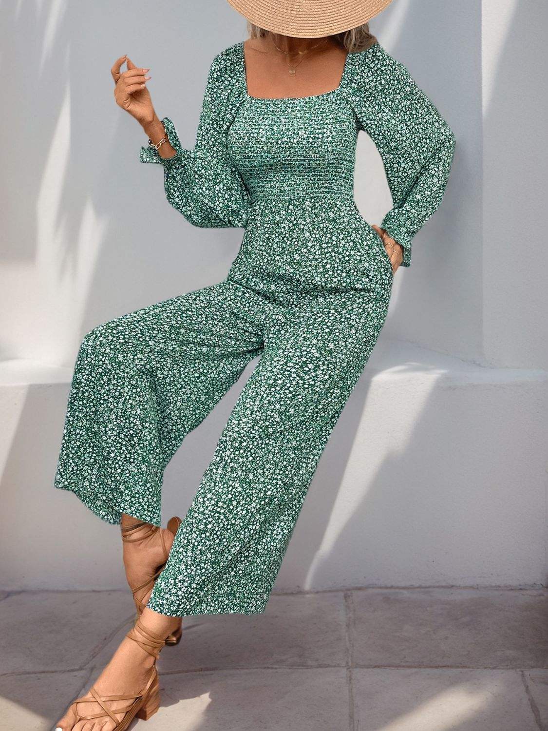 Perfee Smocked Printed Long Sleeve Wide Leg Jumpsuit - Trendsi - Flyclothing LLC