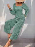 Perfee Smocked Printed Long Sleeve Wide Leg Jumpsuit - Trendsi