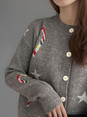 Candy Cane & Star Button Down Long Sleeve Cardigan - Trendsi