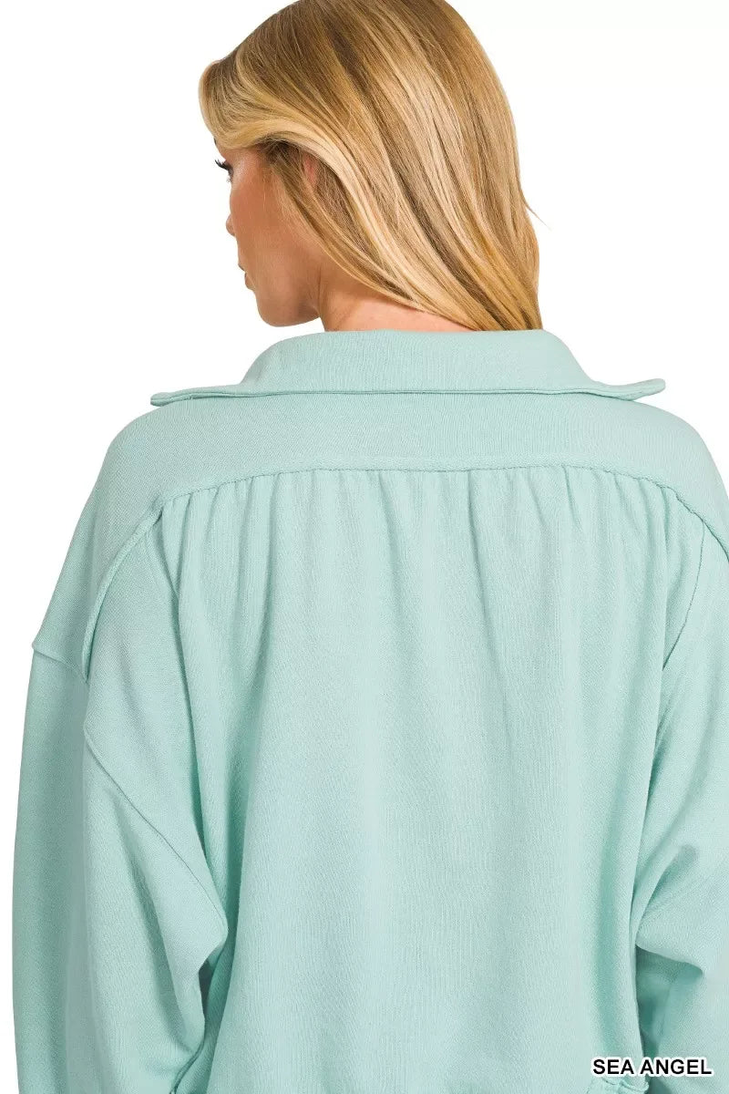 Zenana French Terry Collared Exposed Seam Sweatshirt - Trendsi - Flyclothing LLC