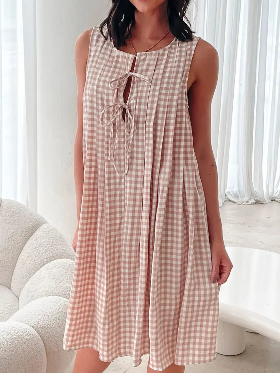 Tied Front Sleeveless Plaid Dress - Trendsi - Flyclothing LLC