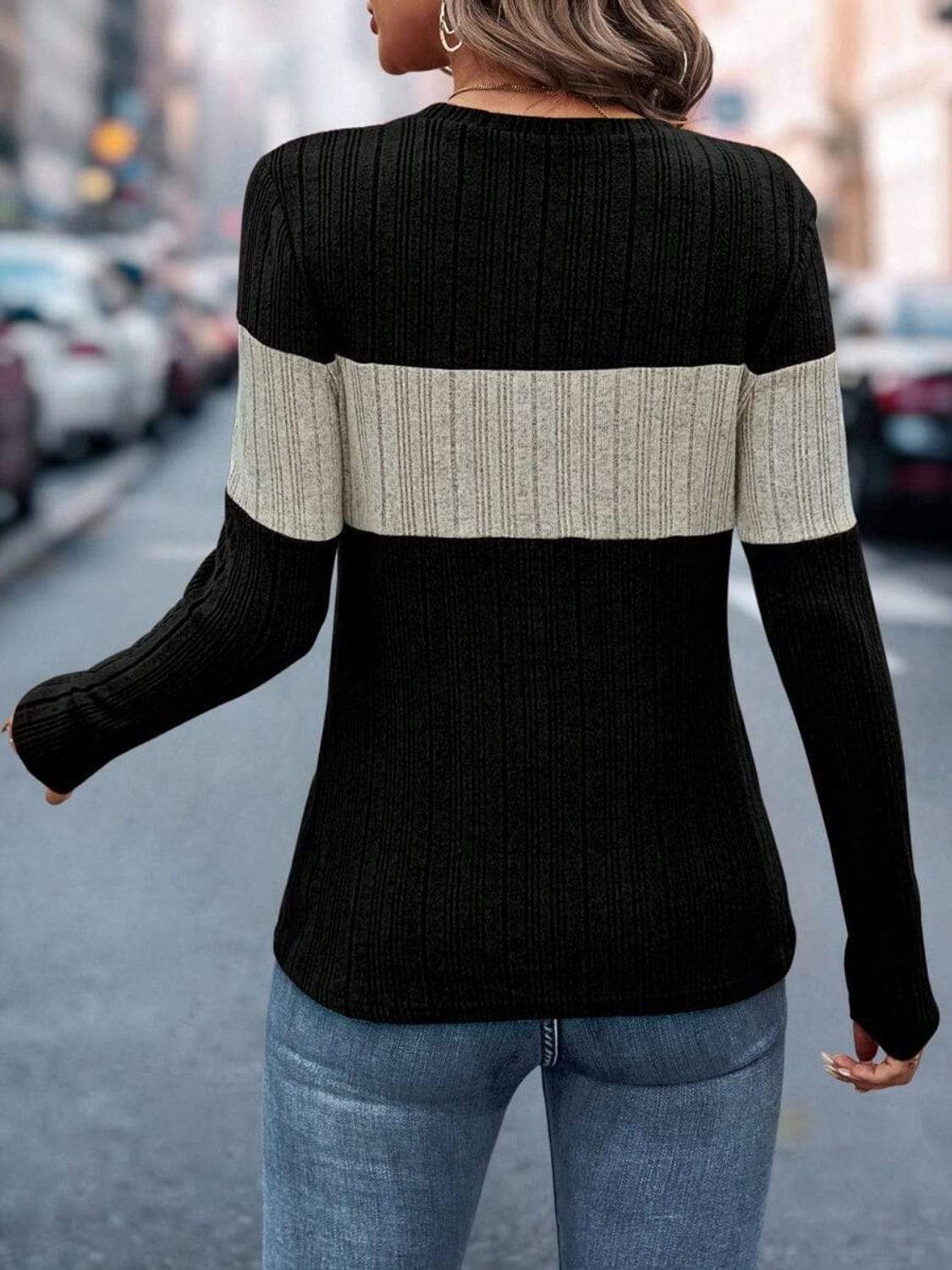 Color Block Round Neck Long Sleeve Top - Trendsi - Flyclothing LLC