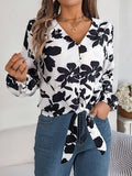 Printed V-Neck Long Sleeve Blouse - Trendsi