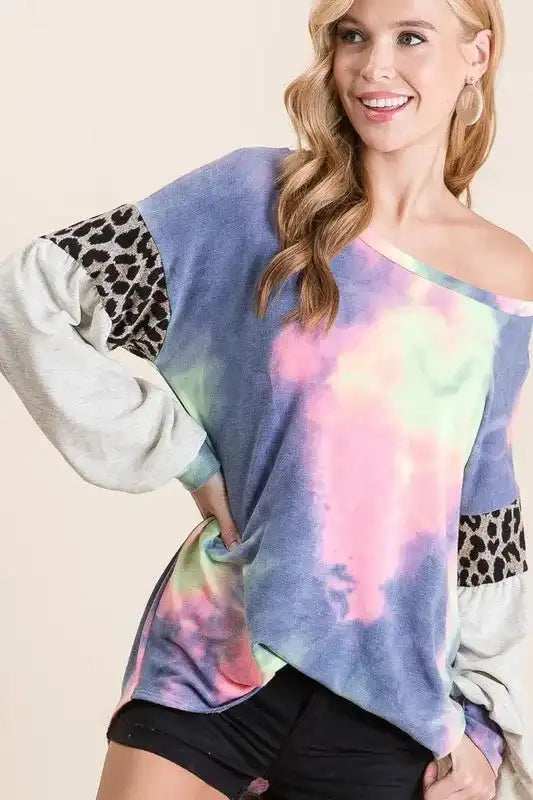 BiBi Tie Dye Terry Top with Contrast Puff Sleeves - Trendsi - Flyclothing LLC