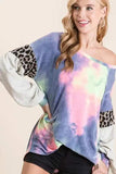 BiBi Tie Dye Terry Top with Contrast Puff Sleeves - Trendsi - Flyclothing LLC