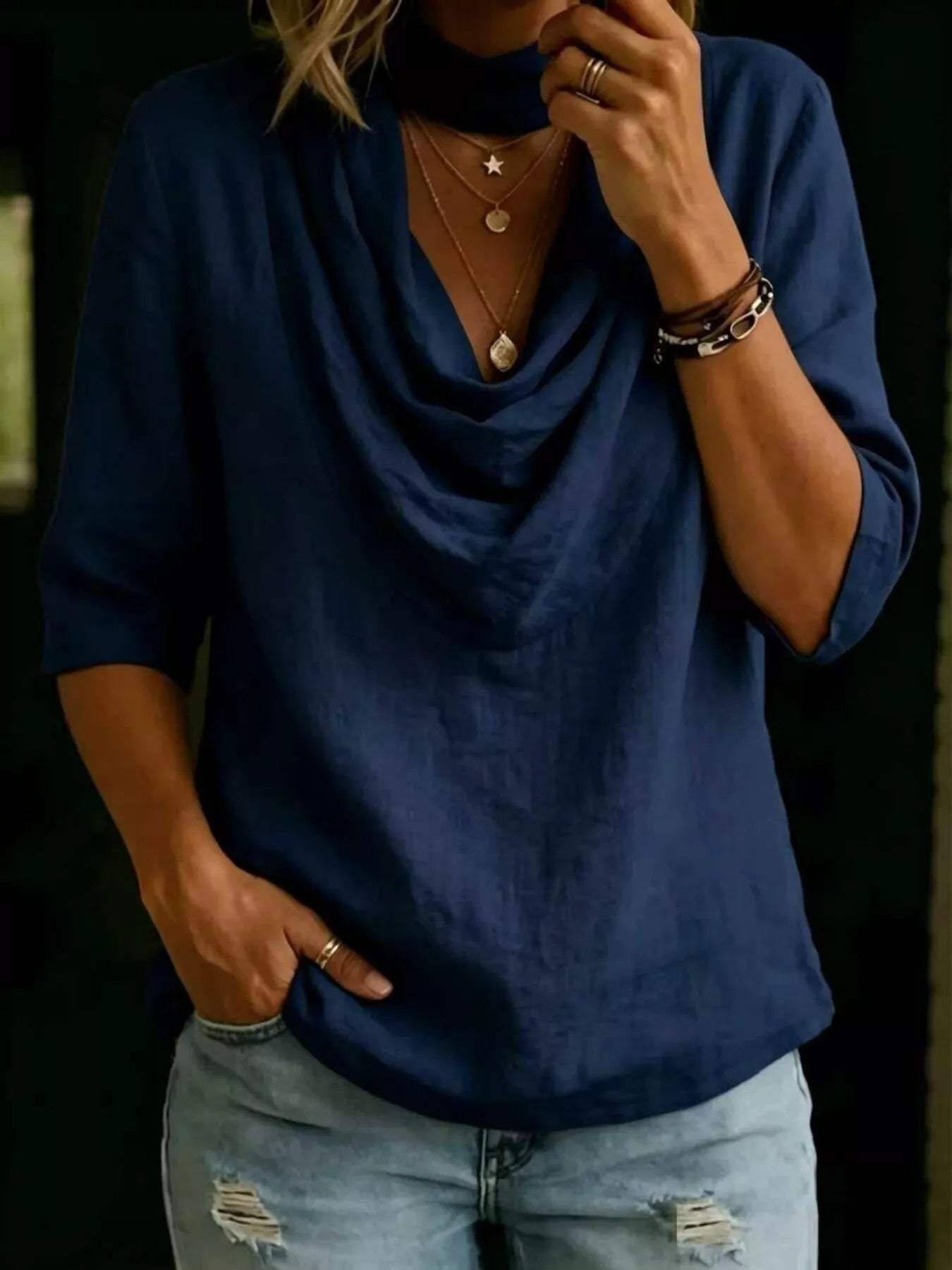 Full Size Cowl Neck 3/4 Sleeve Top Plus Size - Trendsi - Flyclothing LLC