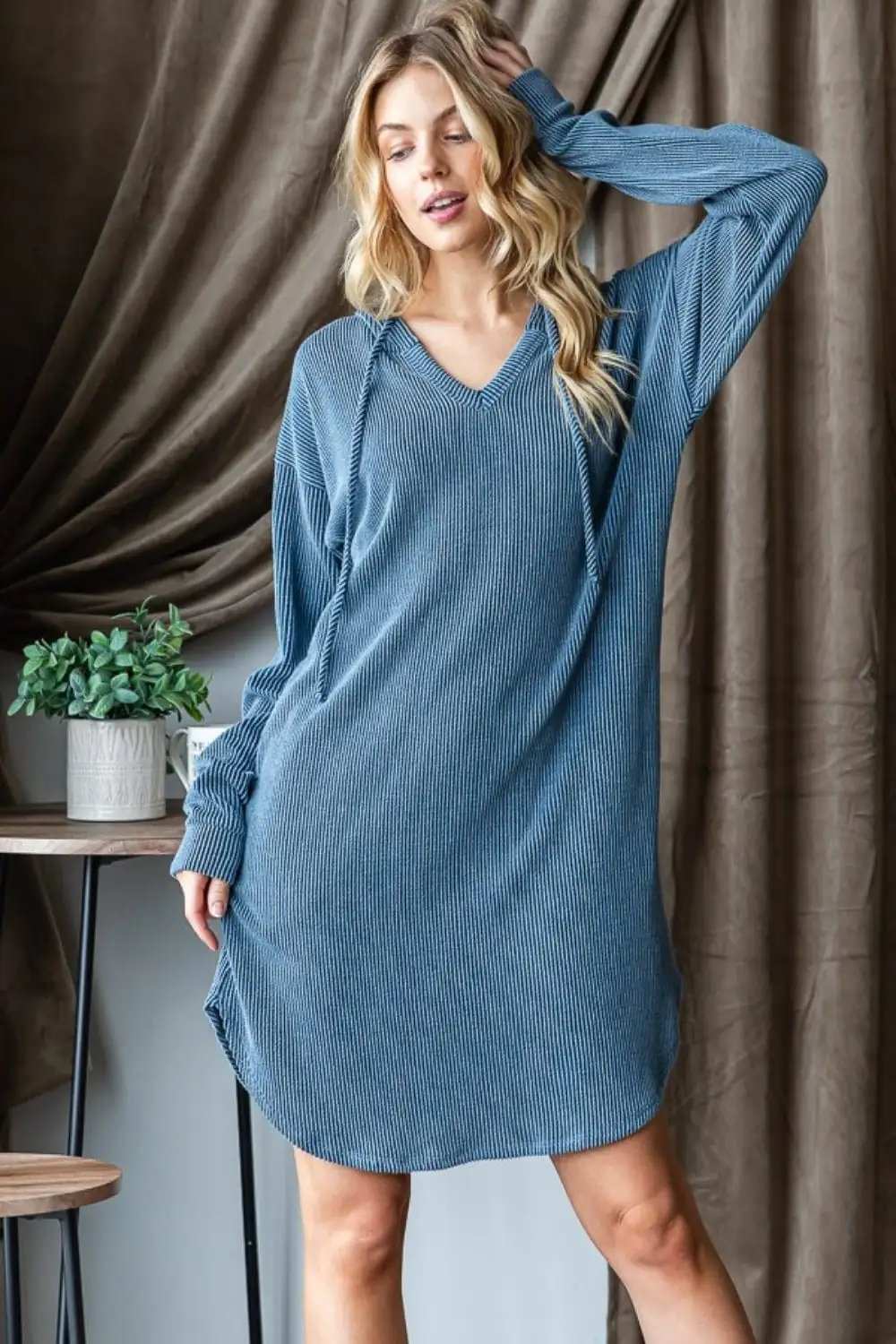 Heimish Ribbed Long Sleeve Hooded Dress - Trendsi - Flyclothing LLC