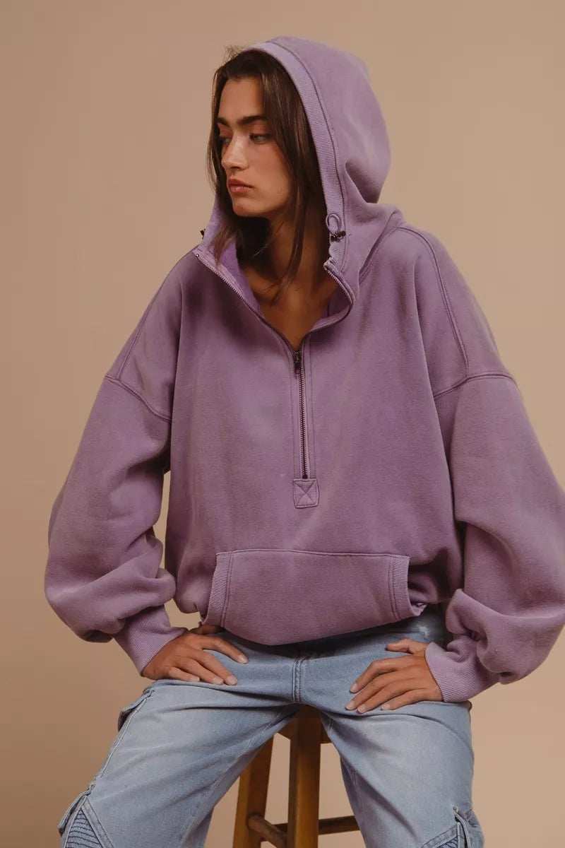 BiBi Stitch Detailed Elastic Hem Half Zip Fleece Hoodie - Trendsi - Flyclothing LLC
