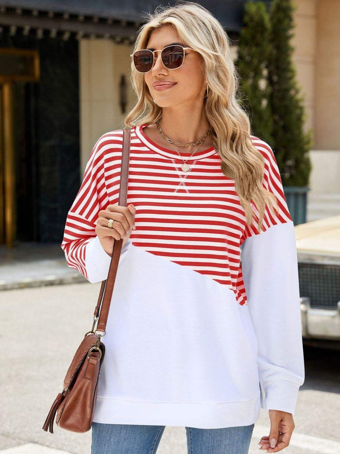 Slit Contrast Striped Long Sleeve Sweatshirt - Trendsi - Flyclothing LLC