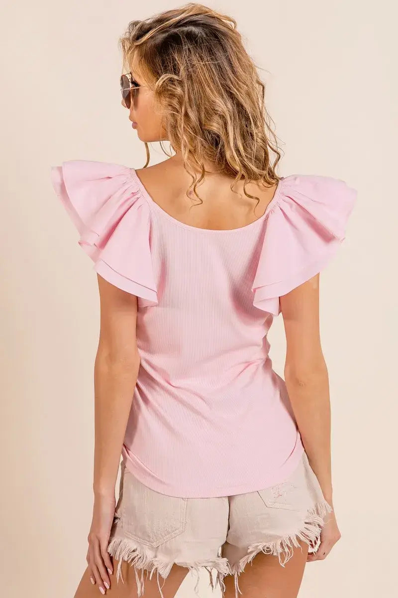 BiBi Wide Layered Ruffle Sleeve Scoop Neck Ribbed Top - Trendsi - Flyclothing LLC