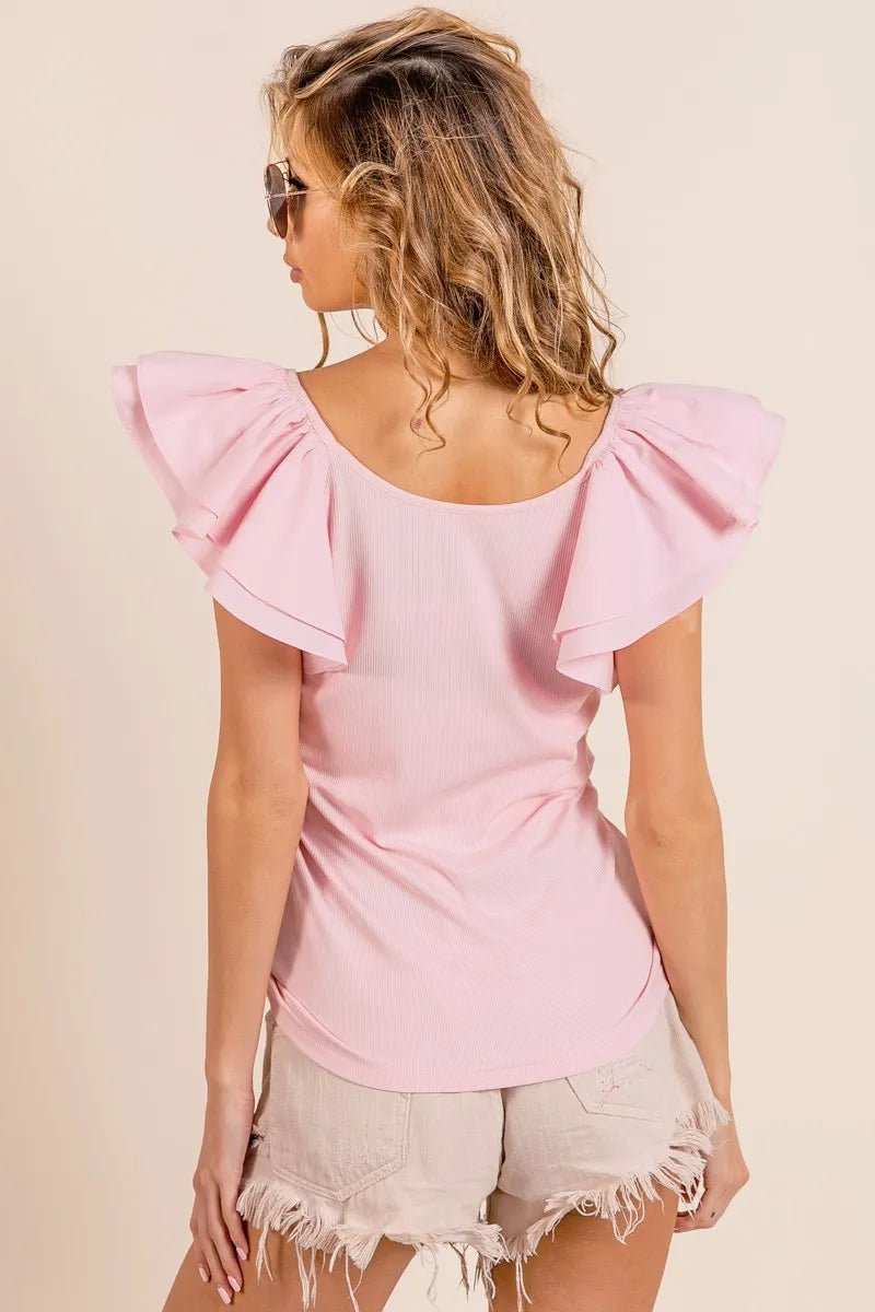 BiBi Wide Layered Ruffle Sleeve Scoop Neck Ribbed Top - Trendsi - Flyclothing LLC
