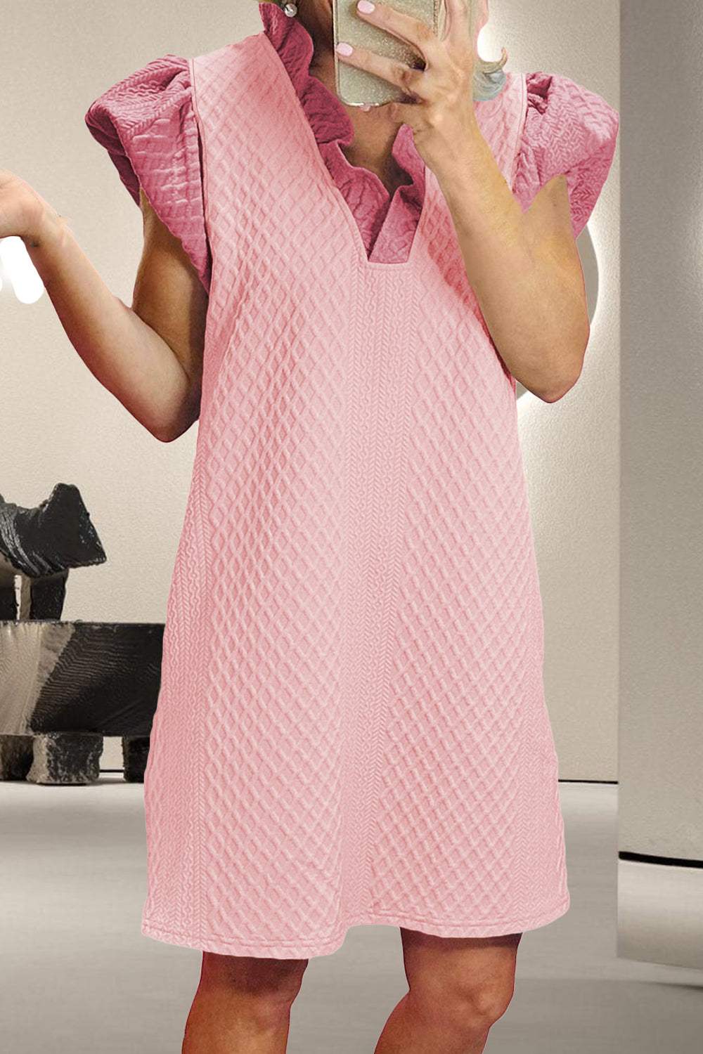 Ruffled V-Neck Cap Sleeve Mini Dress - Trendsi - Flyclothing LLC