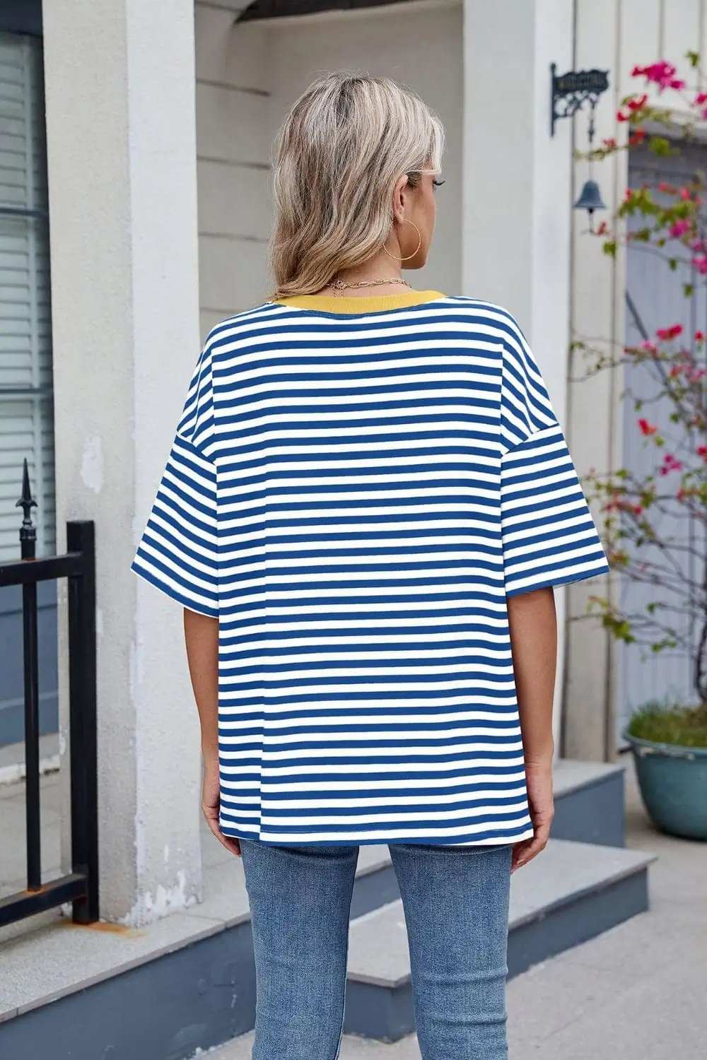 Contrast Striped Round Neck Half Sleeve T-Shirt - Trendsi - Flyclothing LLC