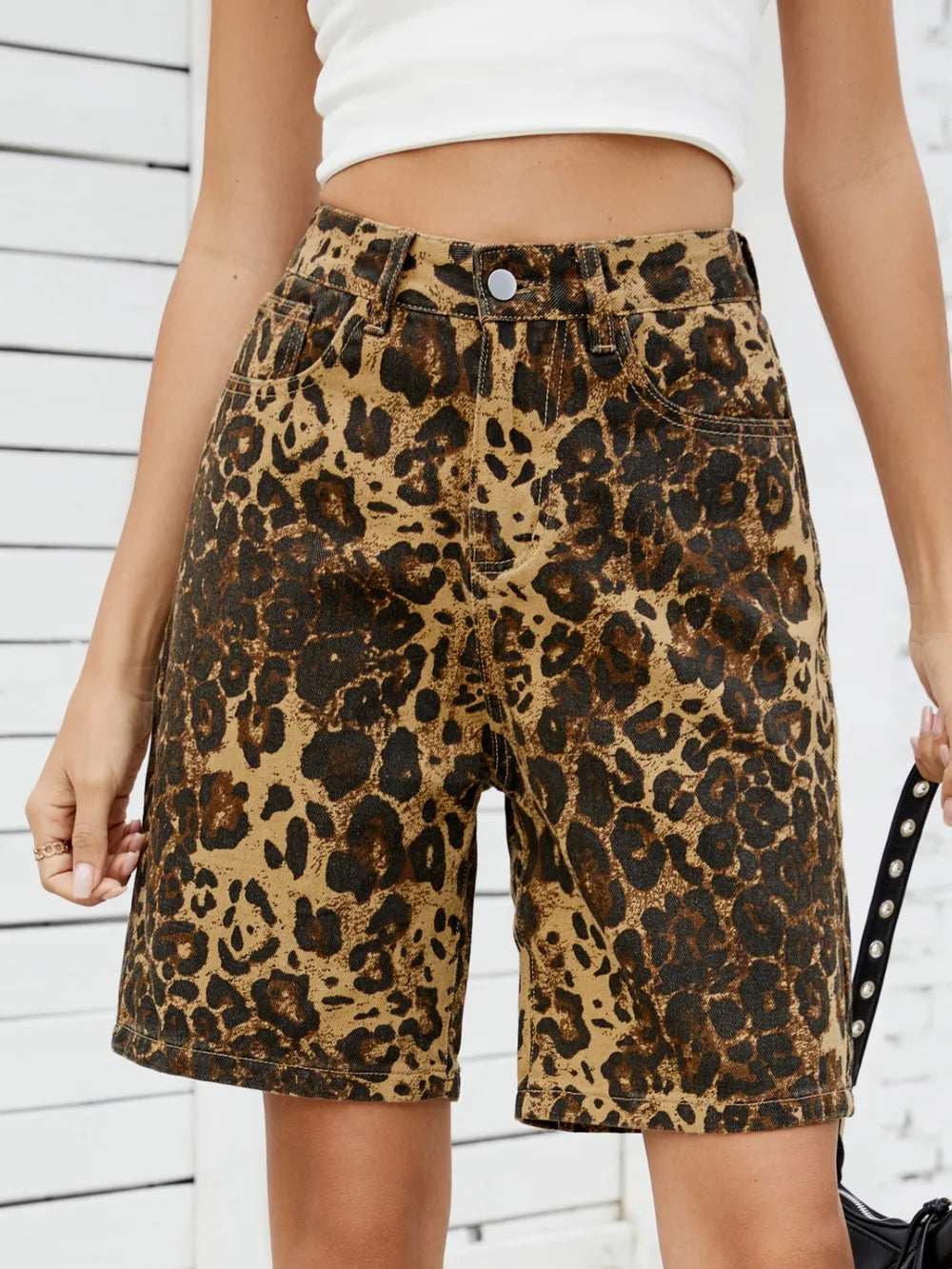 Leopard High Waist Denim Shorts - Trendsi - Flyclothing LLC