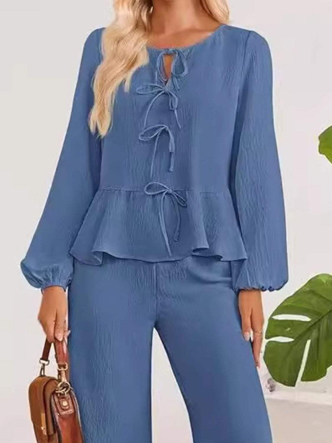 Tie Neck Balloon Sleeve Top and Pants Set - Trendsi - Flyclothing LLC