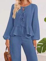 Tie Neck Balloon Sleeve Top and Pants Set - Trendsi - Flyclothing LLC