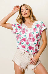 BiBi Rose Printed Poly Span with Crochet Lace Top - Trendsi - Flyclothing LLC