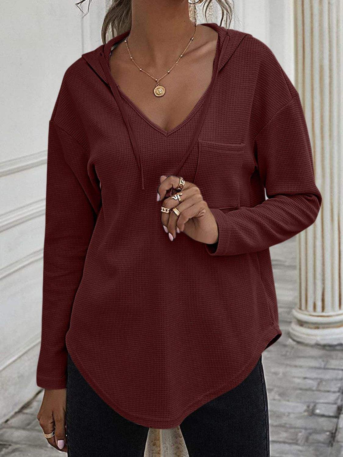 Drawstring Waffle Knit Long Sleeve Hooded Top - Trendsi - Flyclothing LLC