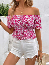 Peplum Printed Off-Shoulder Short Sleeve Blouse - Trendsi - Flyclothing LLC