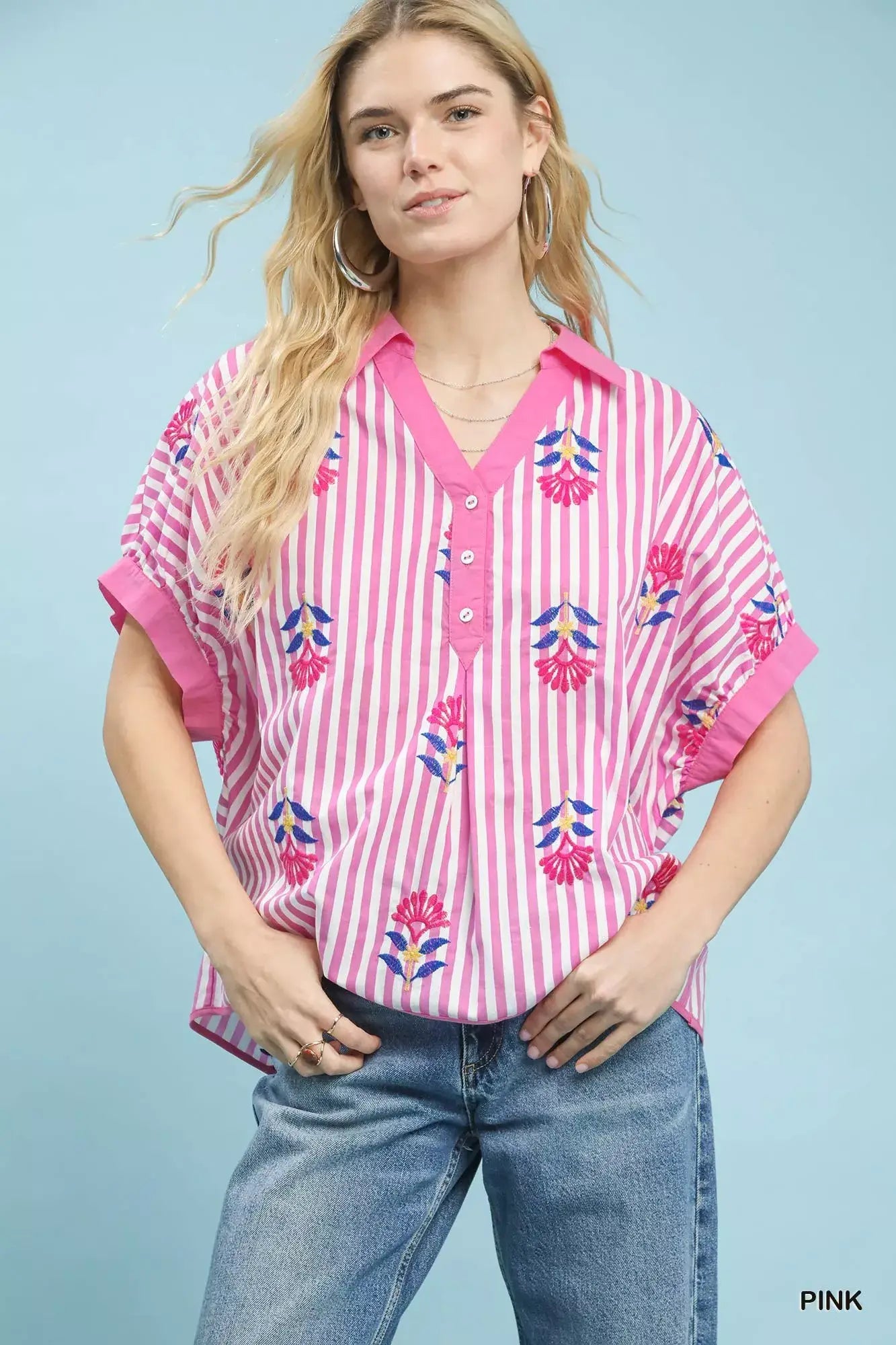 Umgee Stripe Embroidered Button-Front Boho Blouse - Trendsi - Flyclothing LLC