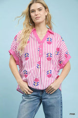 Umgee Stripe Embroidered Button-Front Boho Blouse - Trendsi - Flyclothing LLC