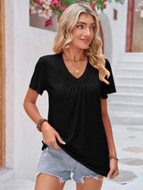 Double Take Ruched V-Neck Short Sleeve T-Shirt - Trendsi - Flyclothing LLC
