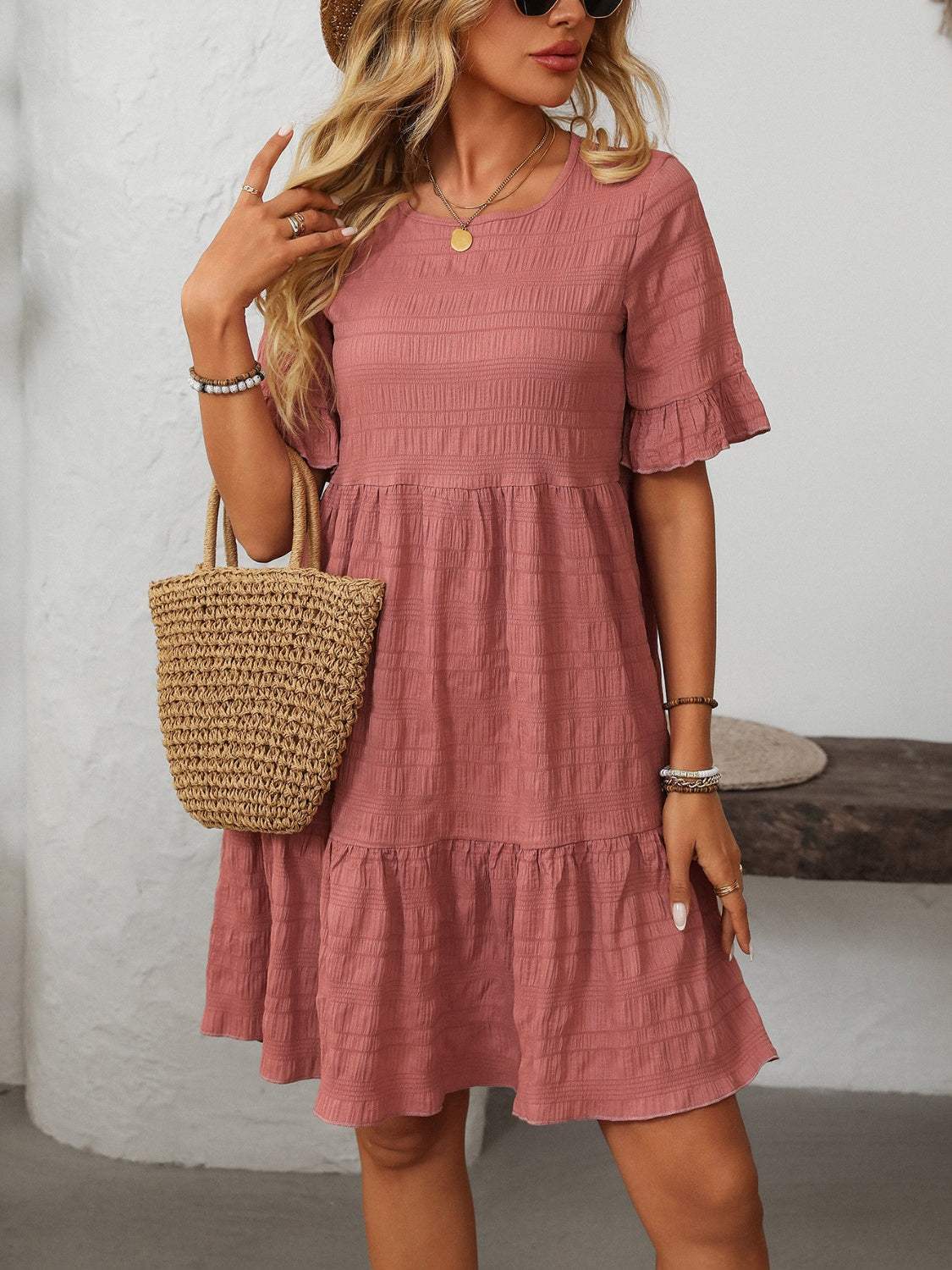 Mandy Ruffled Ruched Round Neck Half Sleeve Dress - Trendsi - Flyclothing LLC