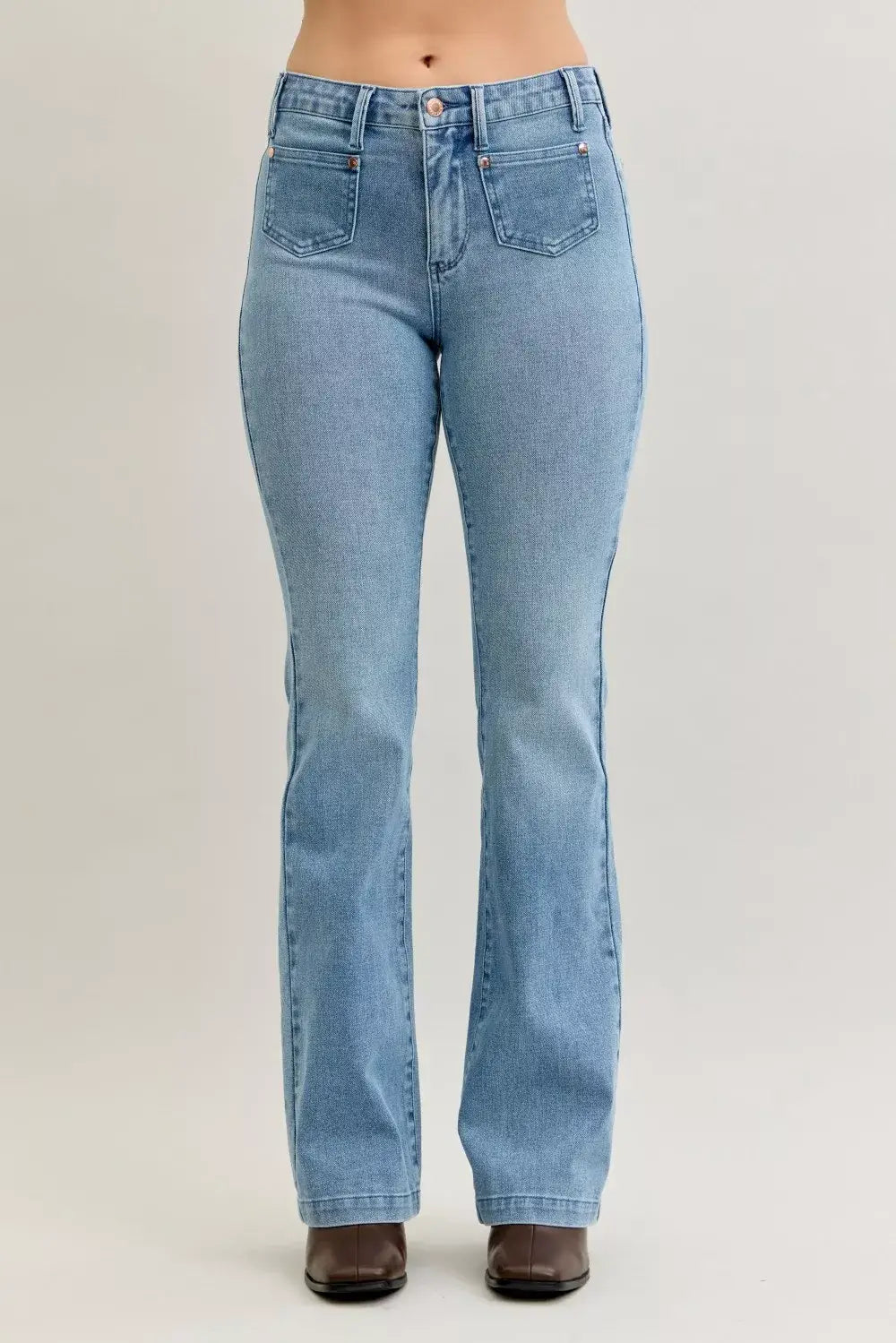 Judy Blue Full Size Mid Rise Bootcut Jeans with Contrast Wash & Front Patch Pockets Plus Size - Trendsi - Flyclothing LLC