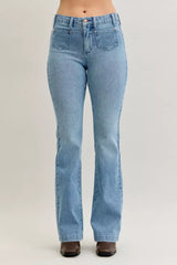 Judy Blue Full Size Mid Rise Bootcut Jeans with Contrast Wash & Front Patch Pockets Plus Size - Trendsi - Flyclothing LLC