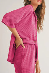 Solid Color Textured Buttoned Shirt and Casual Pants Set - Trendsi - Flyclothing LLC