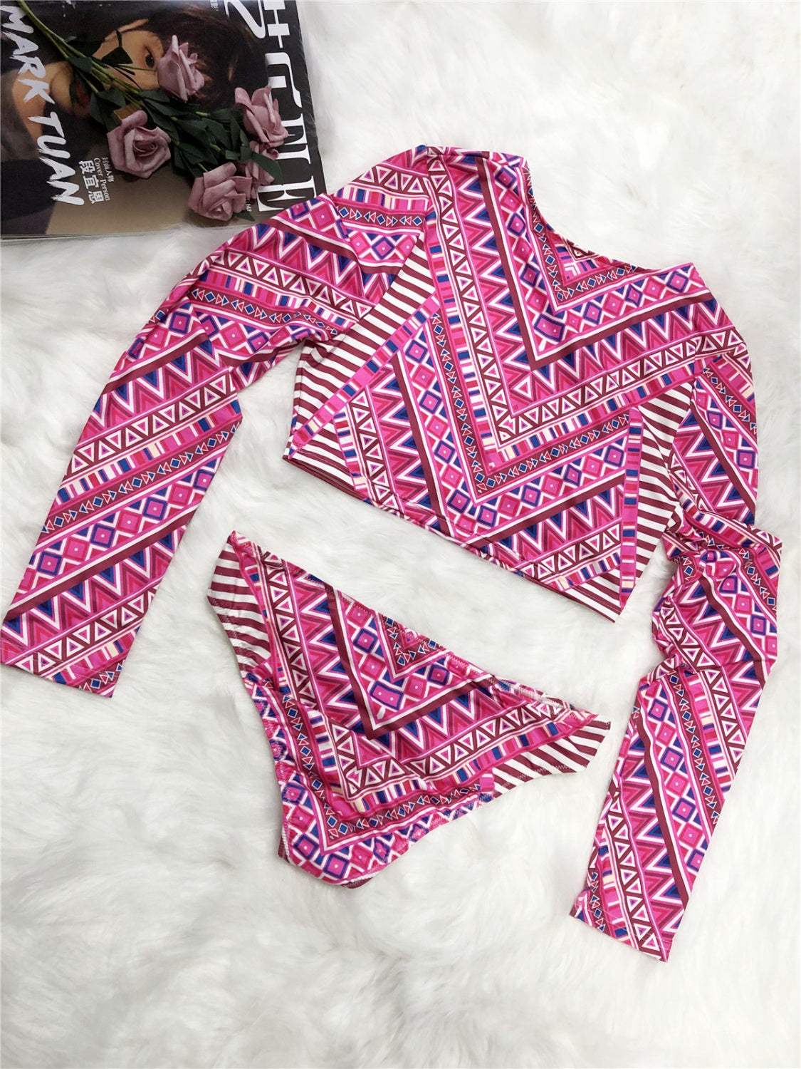 Printed Long Sleeve Top and Brief Swim Set - Trendsi - Flyclothing LLC