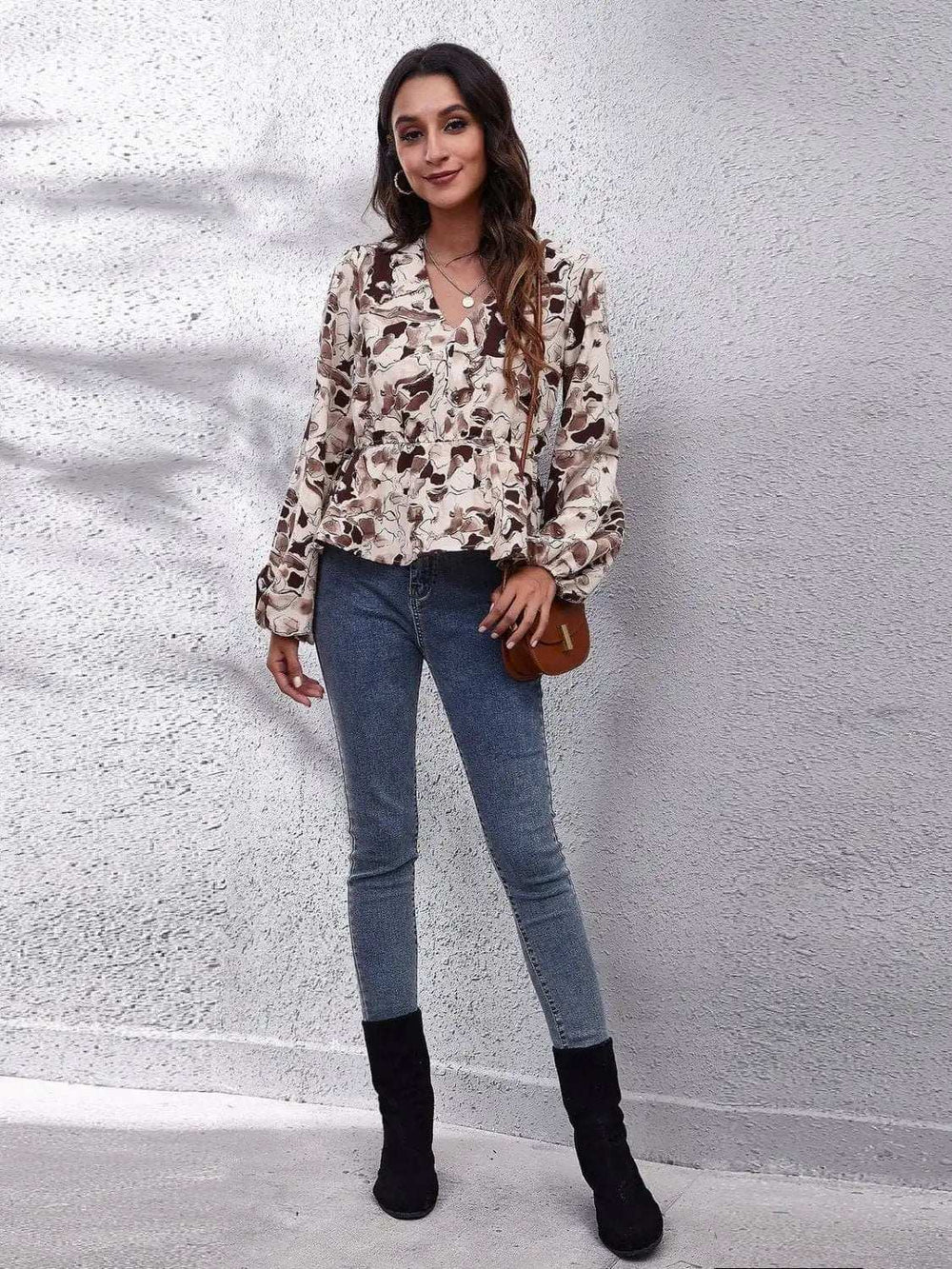 Ruched Printed V-Neck Long Sleeve Blouse - Trendsi - Flyclothing LLC