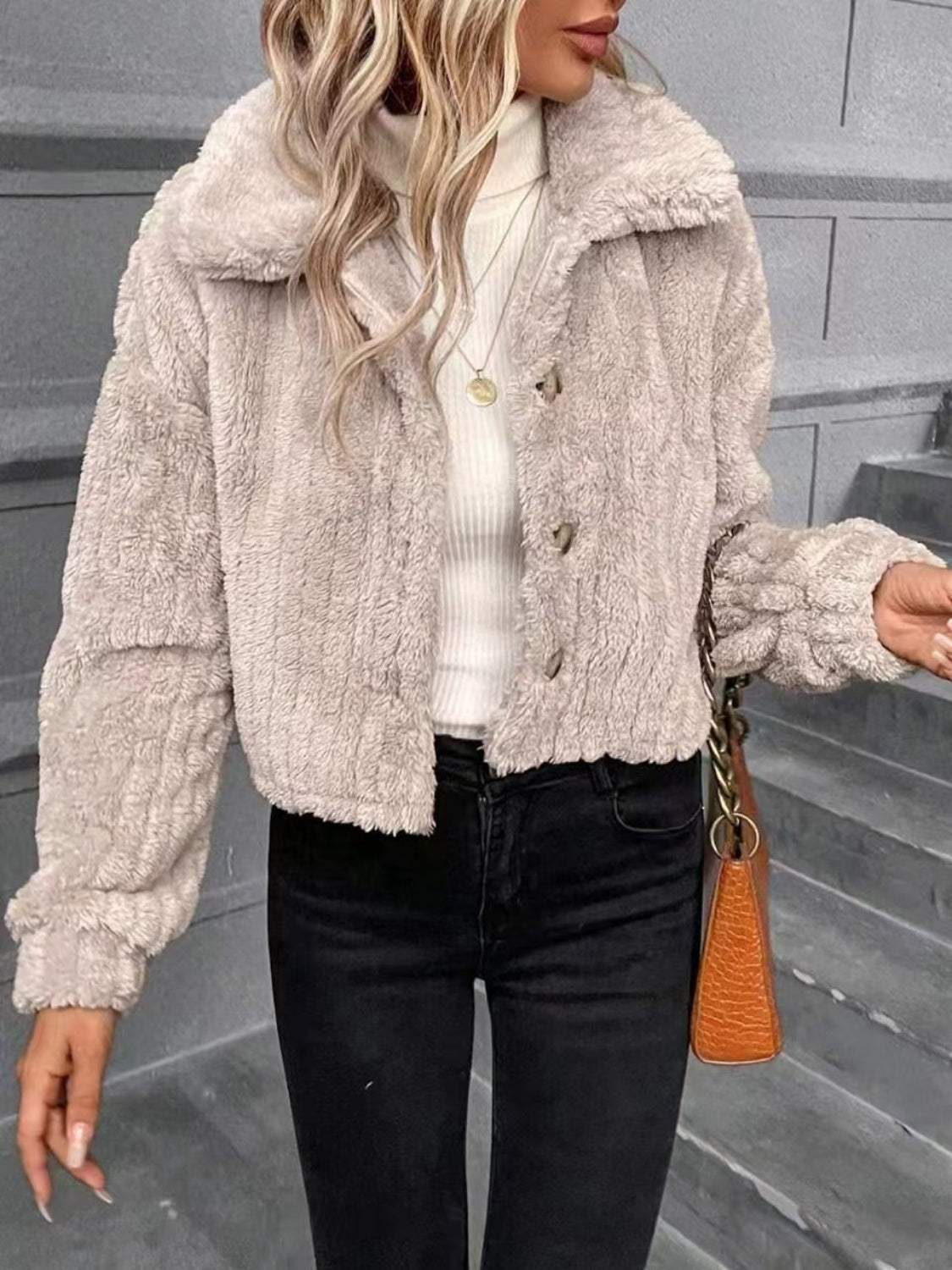 Button Up Long Sleeve Fuzzy Outerwear - Trendsi - Flyclothing LLC