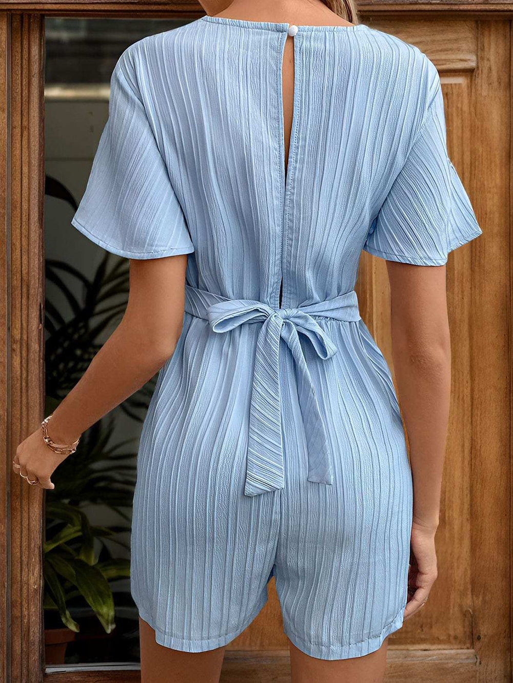 Tied V-Neck Short Sleeve Romper - Trendsi - Flyclothing LLC