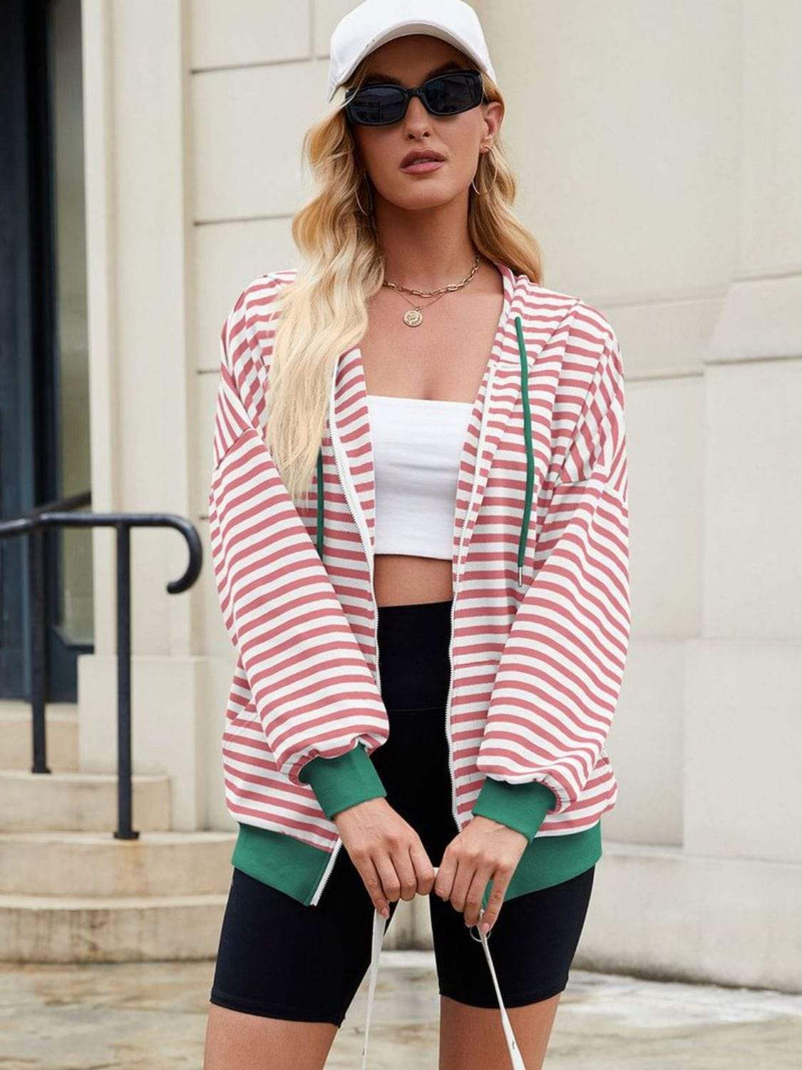 Drawstring Striped Zip Up Long Sleeve Hoodie - Trendsi - Flyclothing LLC