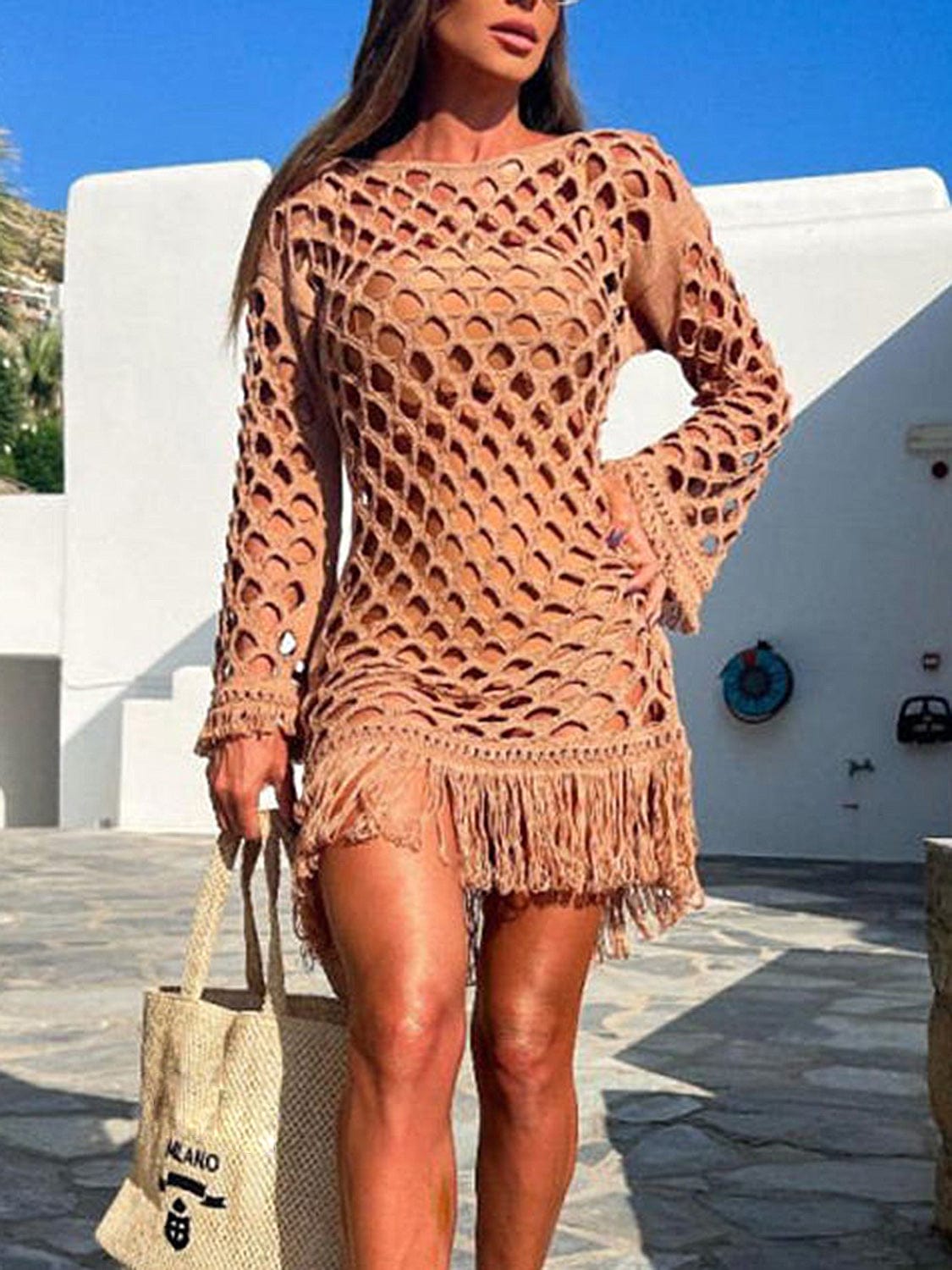 Fringe Cutout Long Sleeve Cover Up - Trendsi