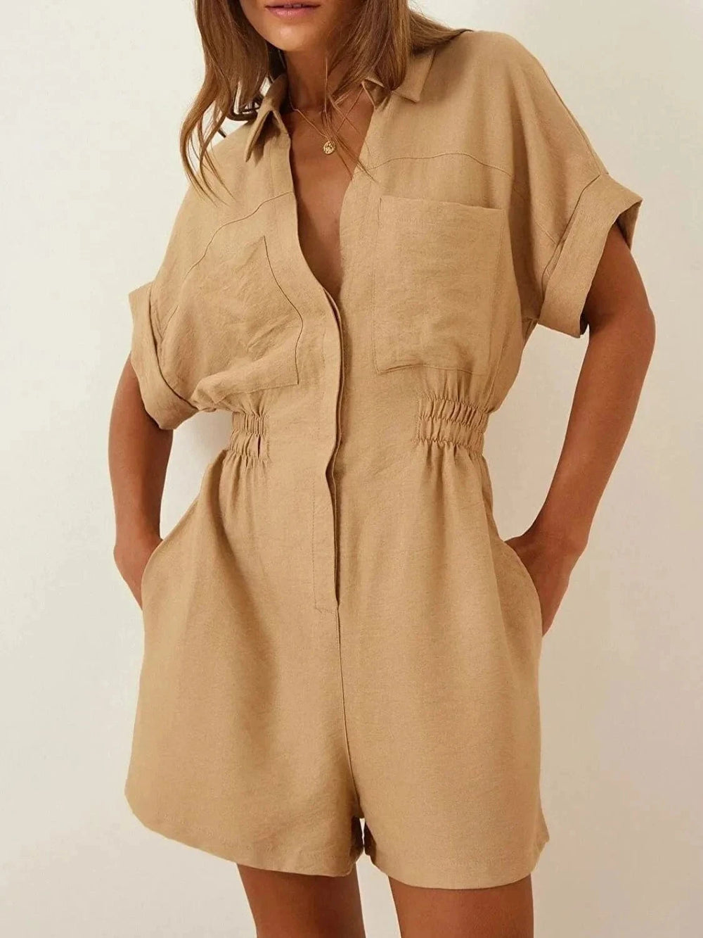 Johnny Collar Short Sleeve Romper - Trendsi