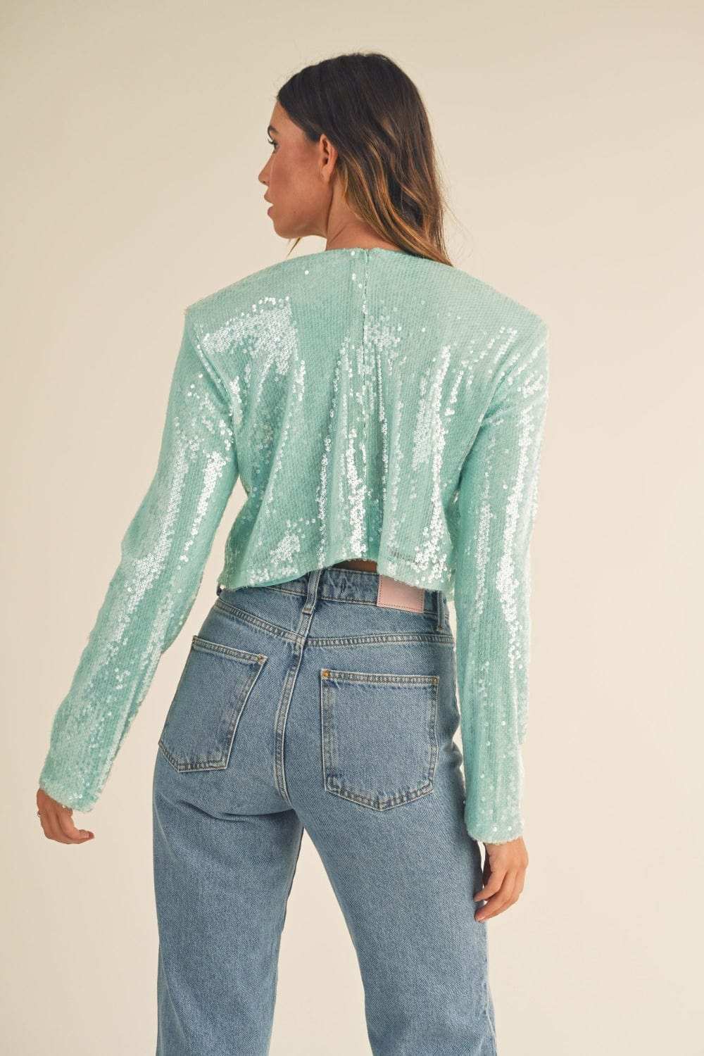 MABLE Shoulder Padded Sequin Crop Top - Trendsi - Flyclothing LLC