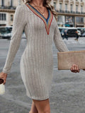 Contrast Detail V-Neck Long Sleeve Dress - Trendsi