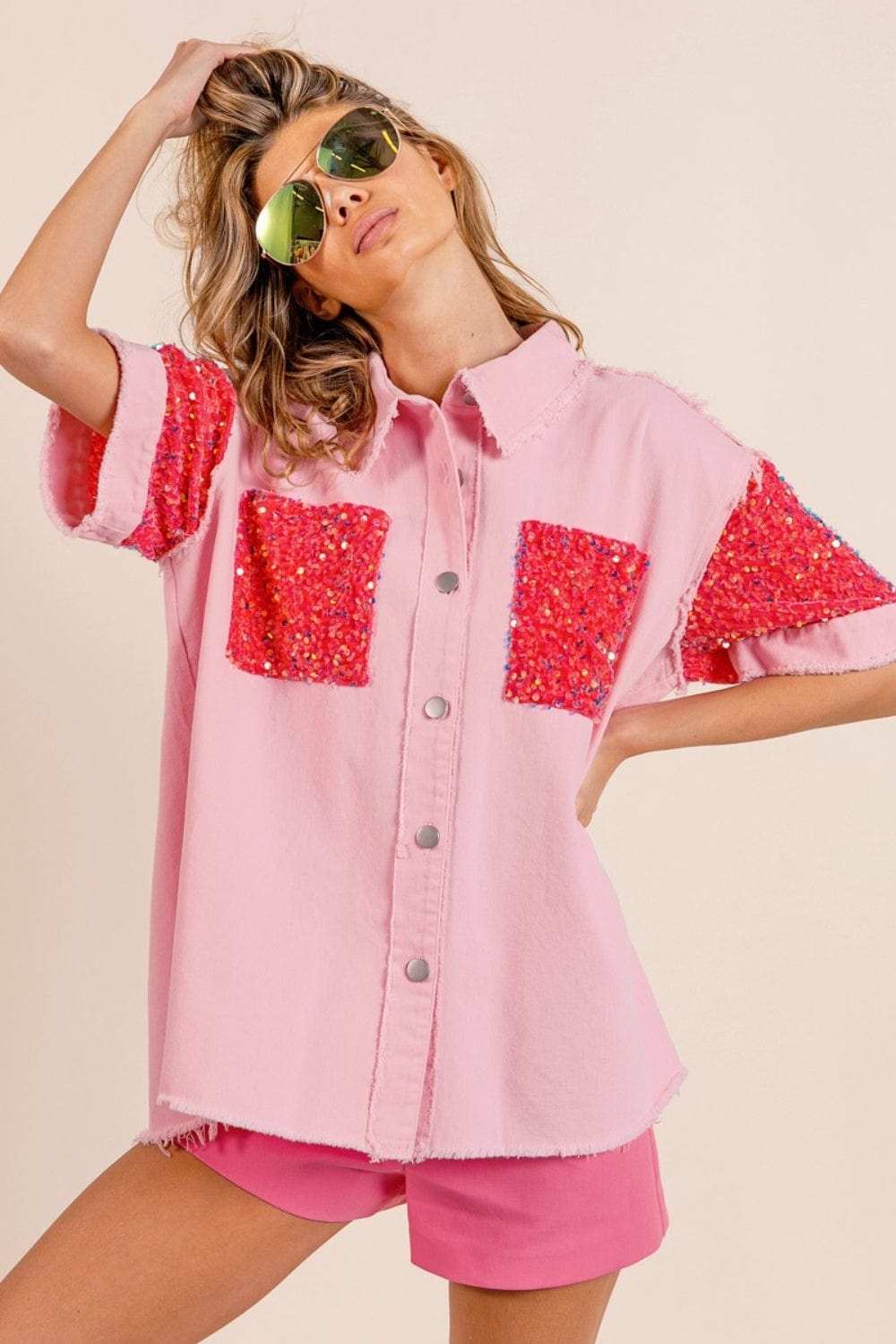 BiBi Sequin Detail Raw Hem Short Sleeve Shirt - Trendsi - Flyclothing LLC