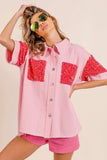 BiBi Sequin Detail Raw Hem Short Sleeve Shirt - Trendsi - Flyclothing LLC