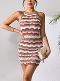 Openwork Striped Spaghetti Strap Knit Dress - Trendsi