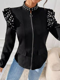 Pearl Embellished Shoulder Zip Up Jacket - Trendsi - Flyclothing LLC