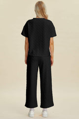 Double Take Full Size Texture Round Neck Short Sleeve Top and Pants Set - Trendsi - Flyclothing LLC