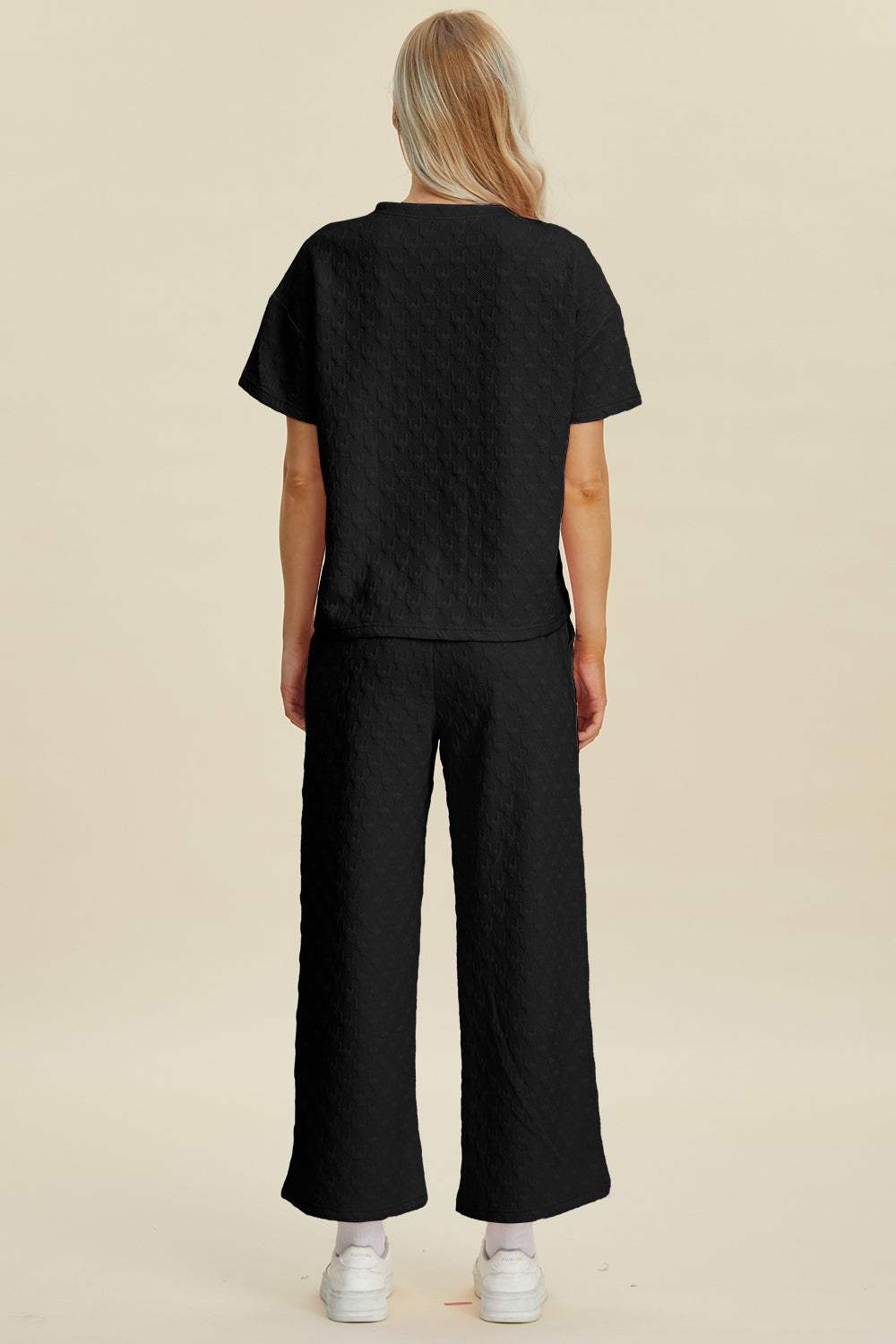 Double Take Full Size Texture Round Neck Short Sleeve Top and Pants Set - Trendsi - Flyclothing LLC