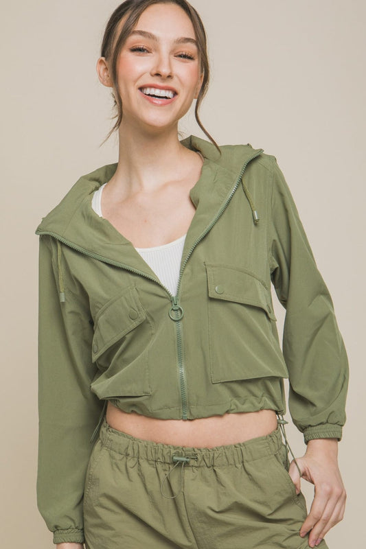 Love Tree Drawstring Hem Hooded Zip-Up Jacket - Trendsi