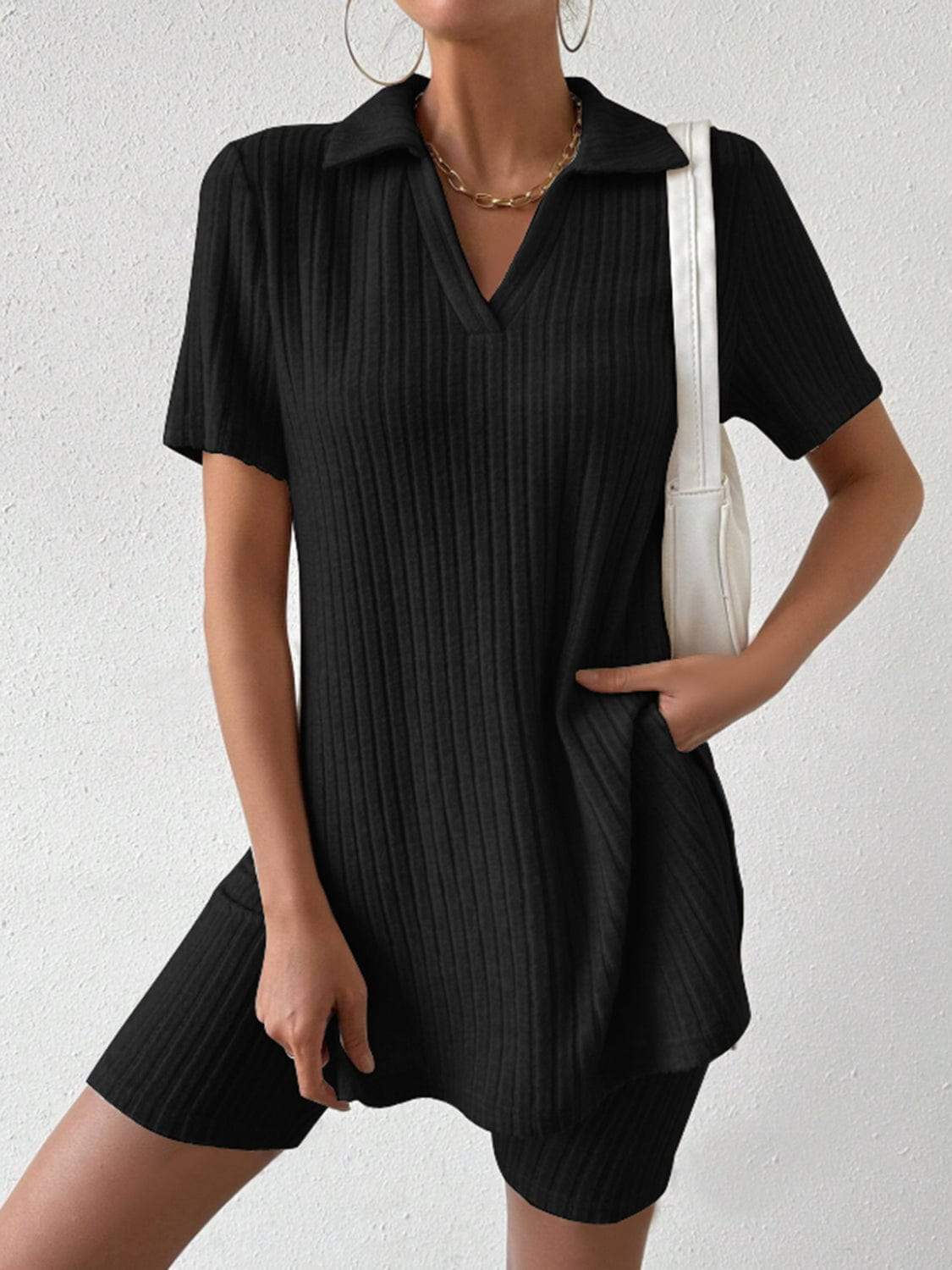 Johnny Collar Short Sleeve Top and Shorts Set - Trendsi - Flyclothing LLC